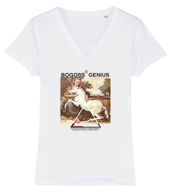 Licorne t-shirt col V blanc femme - bogossgenius