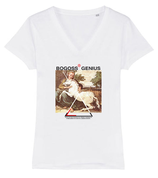 Licorne t-shirt col V blanc femme - bogossgenius